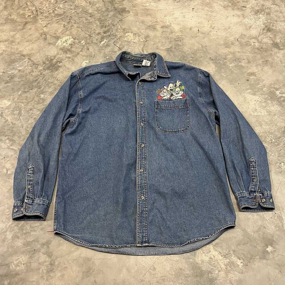 Vtg Disney Dwarfs Button Shirt SZ L Blue Denim Jean Long Sleeve Doc Dopey Grumpy